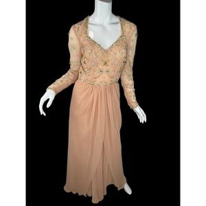 Vintage 80's Allison George Neiman Marcus Chiffon Beaded Gown Blush Nude Sz 10